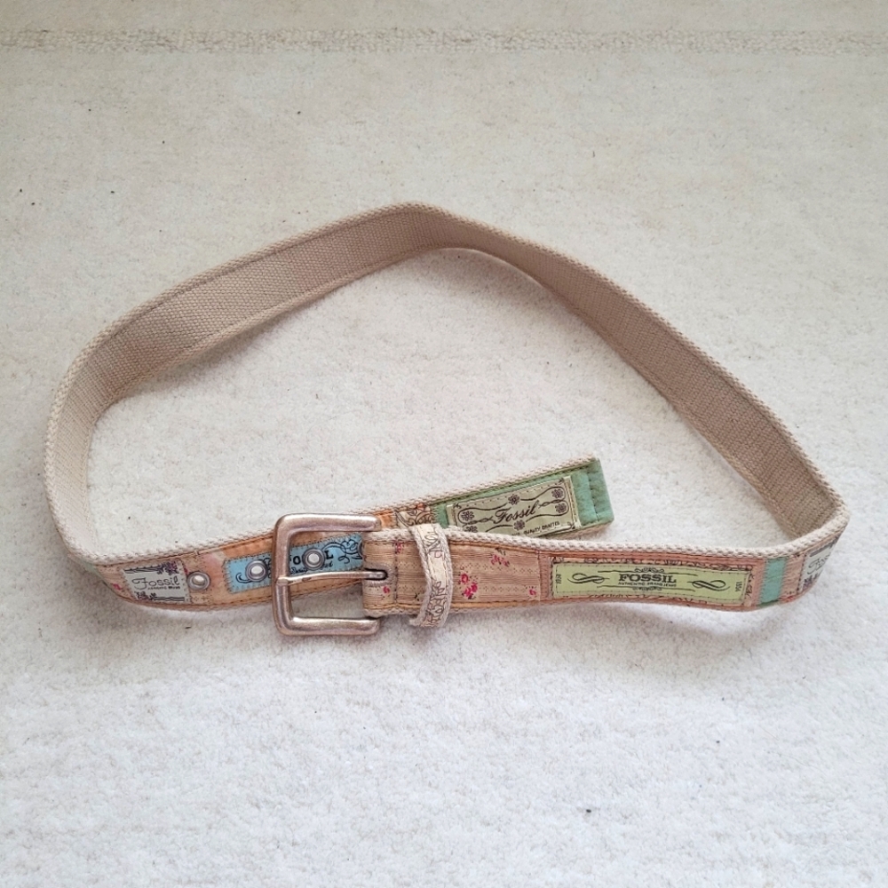 Fossil Vintage Patchwork Belt with Gold Buckle - Size Medium/Large